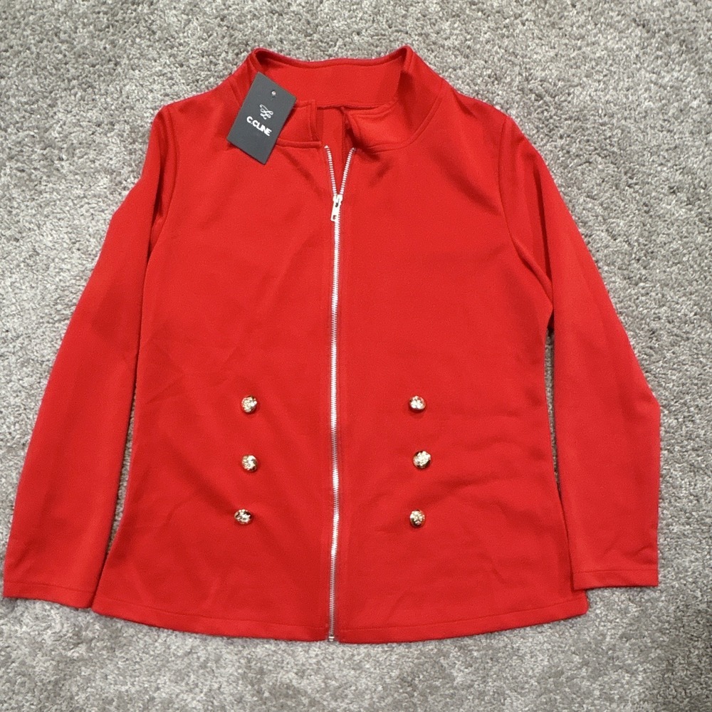 C.CLINE Women Red Zip Front Jacket Gold Buttons Short Long Sleeve XL